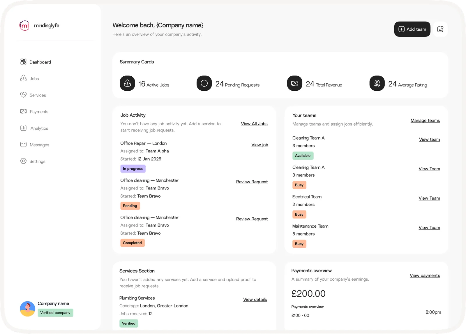 Company dashboard screenshot